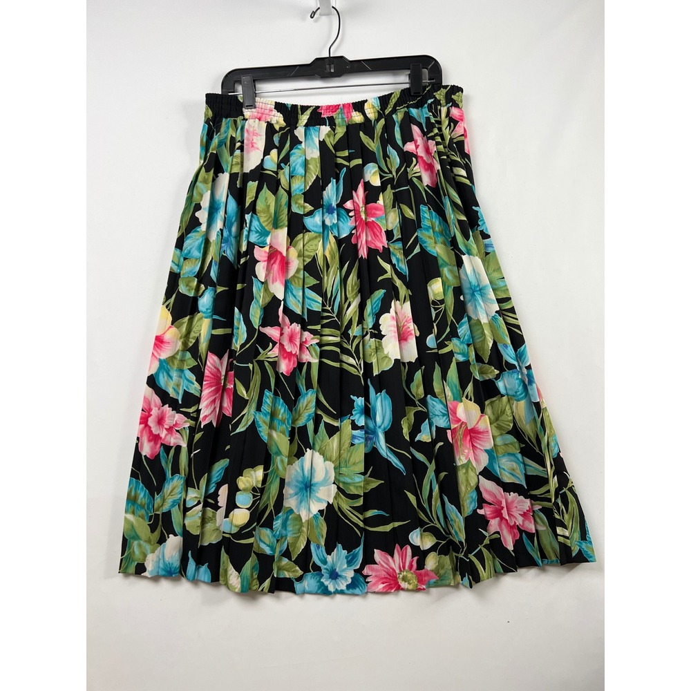 Alfred Dunner Pleated Skirt Womens 18 Black Floral Tropical Midi Elastic Waist